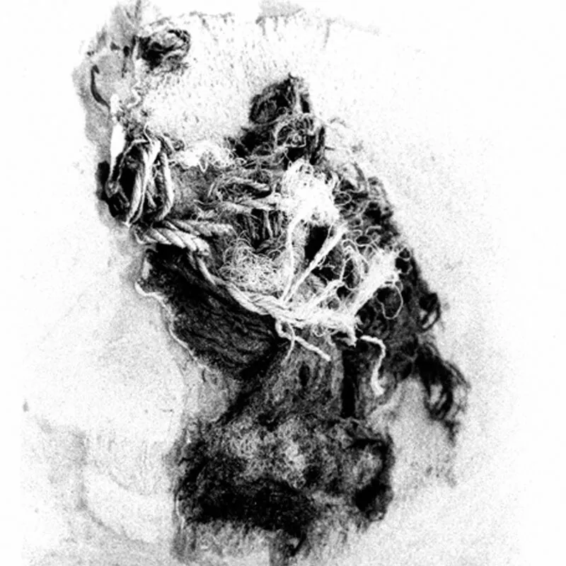Photographie noir et blanc de Laure Pradeau, entrelacs de fibres échouées sur le sable