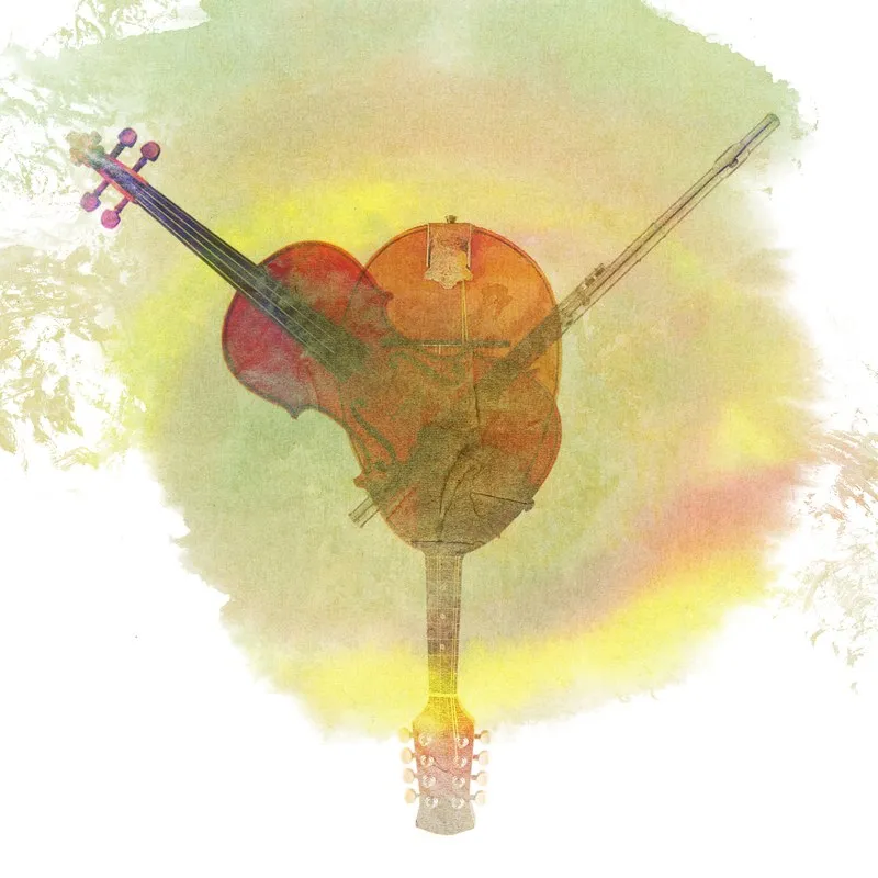 Illustration aquarellée d’un violon, d’une flûte et d’une mandoline