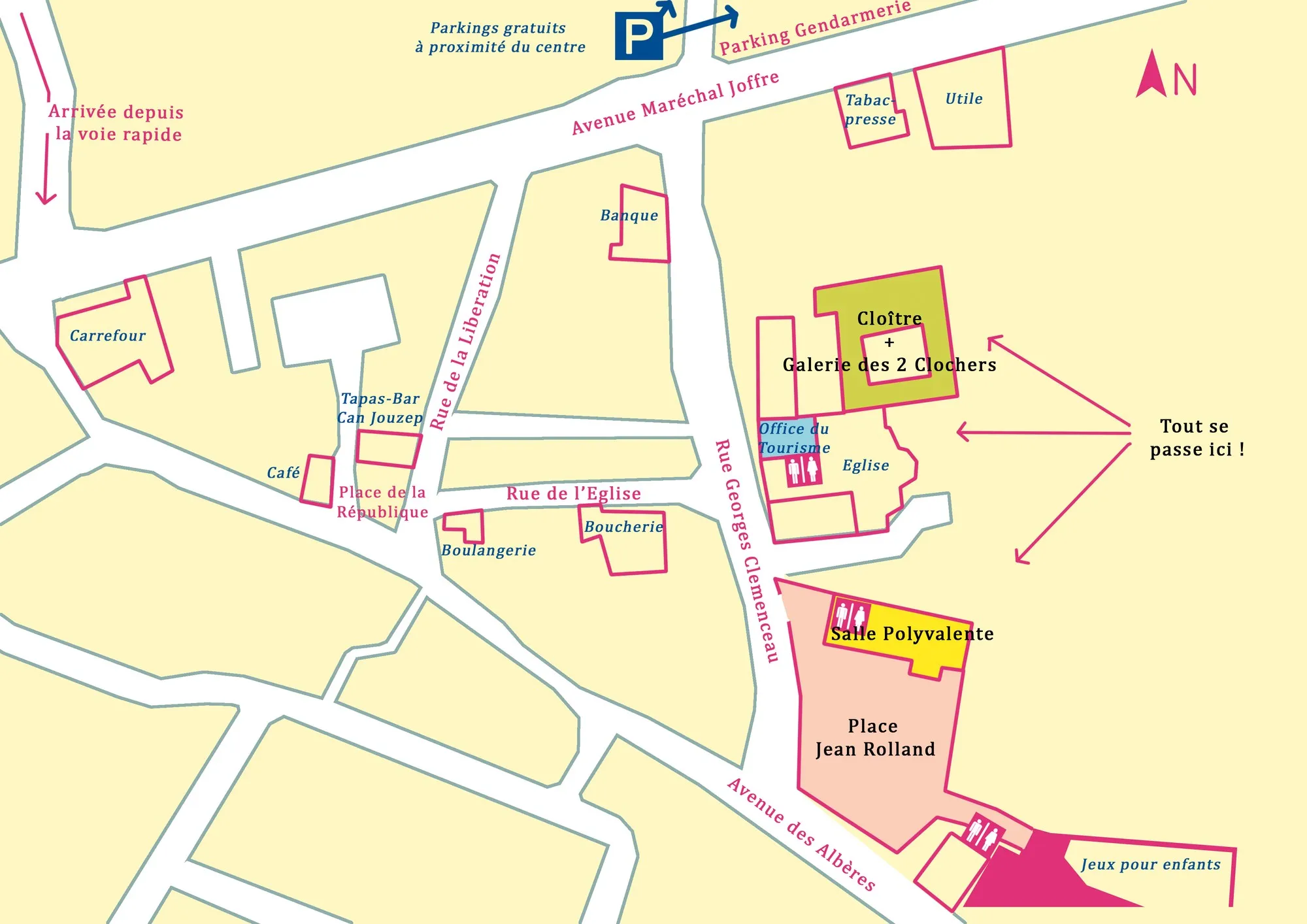 Plan du centre de Saint-Genis des Fontaines situant le Cloître, la Salle Polyvalente et la Place Jean Rolland